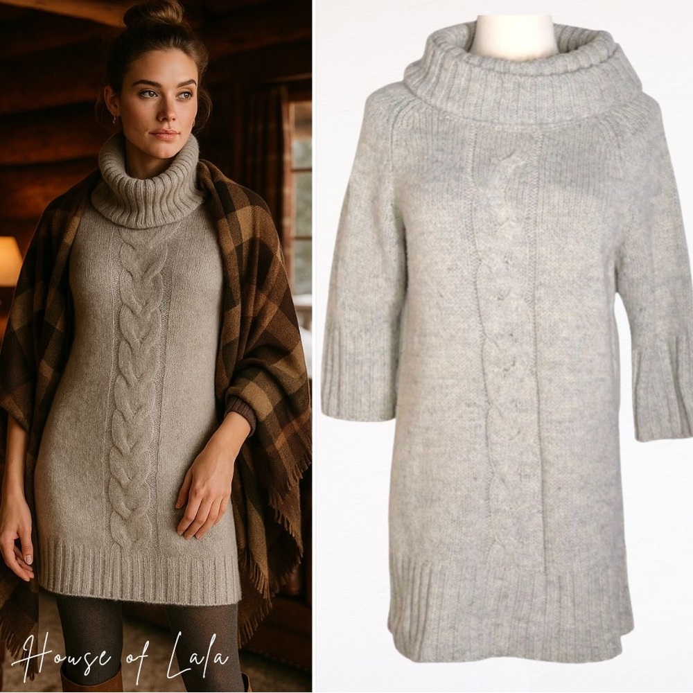 Wool Blend Gray Cable Knit Sweater Turtleneck Tunic Mini Dress. Size Small.